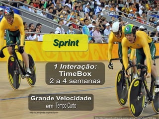 SprintSprintSprintSprint
foto: http://www.act.cycling.org.au/site/cycling/image/fullsize/7600.jpg
Grande VelocidadeGrande Velocidade
emem TempoCurtoTempoCurto
http://pt.wikipedia.org/wiki/Sprint
1 Interação:1 Interação:
TimeBoxTimeBox
2 a 4 semanas2 a 4 semanas
 