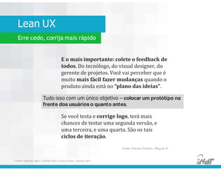 Lean UX
Erre cedo, corrija mais rápido
E o mais importante: colete o feedback de
todos. Do tecnólogo, do visual designer, do
gerente de projetos. Você vai perceber que é
muito mais fácil fazer mudanças quando o
produto ainda está no “plano das ideias”.
Tudo isso com um único objetivo – colocar um protótipo na
frente dos usuárioso quanto antes.
FUCAPI | Métodos Ágeis | Charlles Pinon e Juliana Serejo | Outubro 2014
Se você testa e corrige logo, terá mais
chances de testar uma segunda versão, e
uma terceira, e uma quarta. São os tais
ciclos de iteração.
Fonte: Fabricio Teixeira – Blog de AI
 