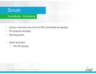 Scrum
Cerimônias - Estimativa
• Estima o tamanho dos itens do PBL (velocidade da equipe);
• PO esclarece dúvidas;
• Planning poker.
• Quem participa:
– SM, PO, Equipe.
• Estima o tamanho dos itens do PBL (velocidade da equipe);
• PO esclarece dúvidas;
• Planning poker.
• Quem participa:
– SM, PO, Equipe.
FUCAPI | Métodos Ágeis | Charlles Pinon e Juliana Serejo | Outubro 2014
 