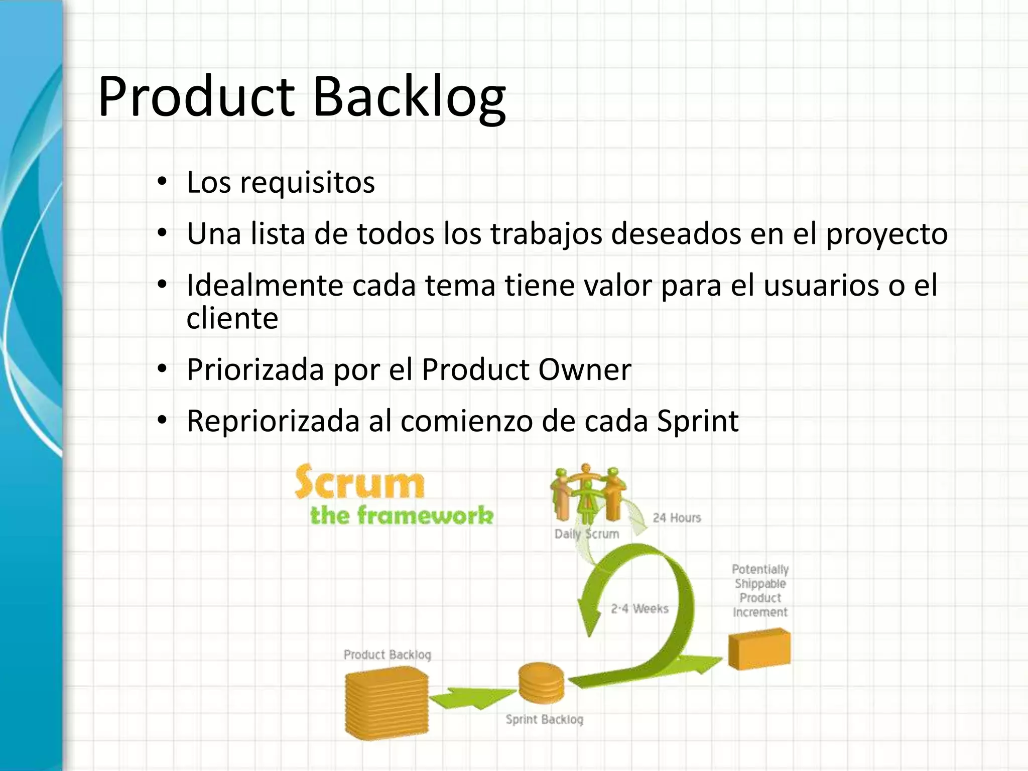 Product Backlog
• Los requisitos
• Una lista de todos los trabajos deseados en el proyecto
• Idealmente cada tema tiene valor para el usuarios o el
cliente
• Priorizada por el Product Owner
• Repriorizada al comienzo de cada Sprint
 