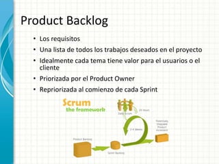 Product Backlog
• Los requisitos
• Una lista de todos los trabajos deseados en el proyecto
• Idealmente cada tema tiene valor para el usuarios o el
cliente
• Priorizada por el Product Owner
• Repriorizada al comienzo de cada Sprint
 