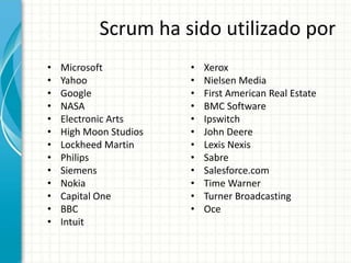 Scrum ha sido utilizado por
• Microsoft
• Yahoo
• Google
• NASA
• Electronic Arts
• High Moon Studios
• Lockheed Martin
• Philips
• Siemens
• Nokia
• Capital One
• BBC
• Intuit
• Xerox
• Nielsen Media
• First American Real Estate
• BMC Software
• Ipswitch
• John Deere
• Lexis Nexis
• Sabre
• Salesforce.com
• Time Warner
• Turner Broadcasting
• Oce
 