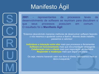 Manifesto Ágil "Estamos descobrindo maneiras melhores de desenvolver software fazendo-o nós mesmos e ajudando outros a fazê-lo. Através deste trabalho, passamos a valorizar:  Indivíduos e interação entre eles  mais que processos e ferramentas Software em funcionamento  mais que documentação abrangente Colaboração com o cliente  mais que negociação de contratos Responder a mudanças  mais que seguir um plano  Ou seja, mesmo havendo valor nos itens à direita, valorizamos mais os itens à esquerda."   2001  - representantes de processos leves de desenvolvimento de software se reuniram para discutirem o que seus processos possuíam em comum.  O resultado foi o  Manifesto Ágil : 