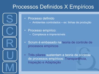 Processos Definidos X Empíricos Processo definido Ambientes controlados – ex: linhas de produção Processo empírico:  Complexos e imprevisíveis Scrum é embasado na  teoria de controle de processos empíricos Três pilares  sustentam a teoria de controle de processos empíricos:  Transparência, Inspeção e Adaptação   