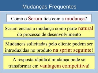 Mudanças Frequentes Como o  Scrum  lida com a  mudança ? Scrum encara a mudança como parte  natural  do processo de desenvolvimento Mudanças solicitadas pelo cliente podem ser introduzidas no produto  na sprint seguinte ! A resposta rápida à mudança pode se transformar em  vantagem competitiva ! 
