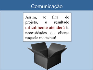 Comunicação Assim, ao final do projeto, o resultado  dificilmente atenderá  às necessidades do cliente naquele momento! 