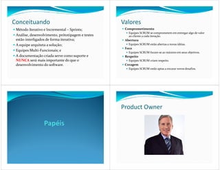 Conceituando                                       Valores
 Método Iterativo e Incremental – Sprints;          Comprometimento
                                                      Equipes SCRUM se comprometem em entregar algo de valor
 Análise, desenvolvimento, prótotipagem e testes      ao cliente a cada iteração.
 estão interligados de forma iterativa;             Abertura
 A equipe arquiteta a solução;                        Equipes SCRUM estão abertas a novas idéias.
                                                    Foco
 Equipes Multi-Funcionais; e                          Equipes SCRUM focam-se ao máximo em seus objetivos.
 A documentação criada serve como suporte e         Respeito
 NUNCA será mais importante do que o                  Equipes SCRUM criam respeito.
 desenvolvimento do software.                       Coragem
                                                      Equipes SCRUM estão aptas a encarar novos desafios.




                                                   Product Owner
 