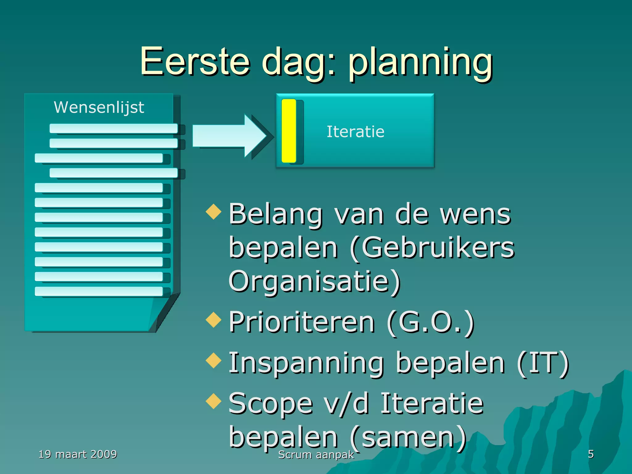 Eerste dag: planning Belang van de wens bepalen (Gebruikers Organisatie) Prioriteren (G.O.) Inspanning bepalen (IT) Scope v/d Iteratie bepalen (samen) 19 maart 2009 Scrum aanpak Wensenlijst Iteratie 