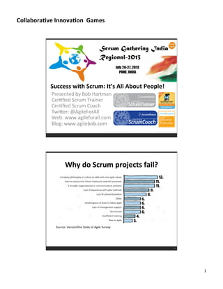 Collabora've	
  Innova'on	
  	
  Games	
  
1	
  
Presented	
  by	
  Bob	
  Hartman	
  
Cer2ﬁed	
  Scrum	
  Trainer	
  
Cer2ﬁed	
  Scrum	
  Coach	
  
Twi;er:	
  @AgileForAll	
  
Web:	
  www.agileforall.com	
  
Blog:	
  www.agilebob.com	
  
Success	
  with	
  Scrum:	
  It’s	
  All	
  About	
  People!	
  
Why	
  do	
  Scrum	
  projects	
  fail?	
  
2
Source:	
  VersionOne	
  State	
  of	
  Agile	
  Survey	
  
 