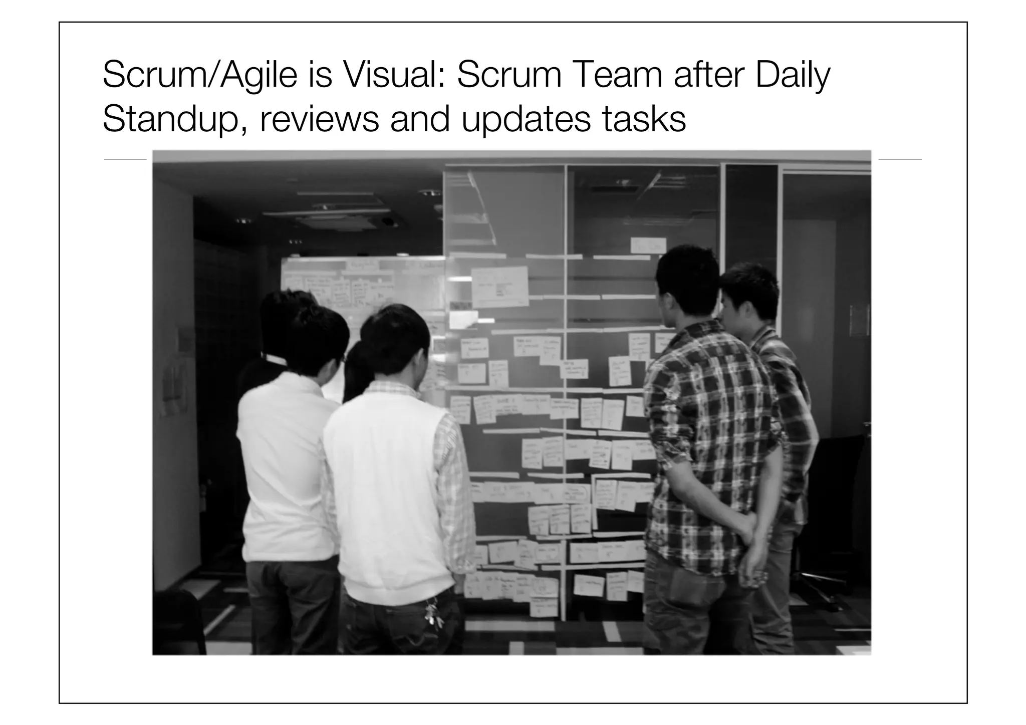 Scrum/Agile is Visual: Scrum Team after Daily
Standup, reviews and updates tasks
 