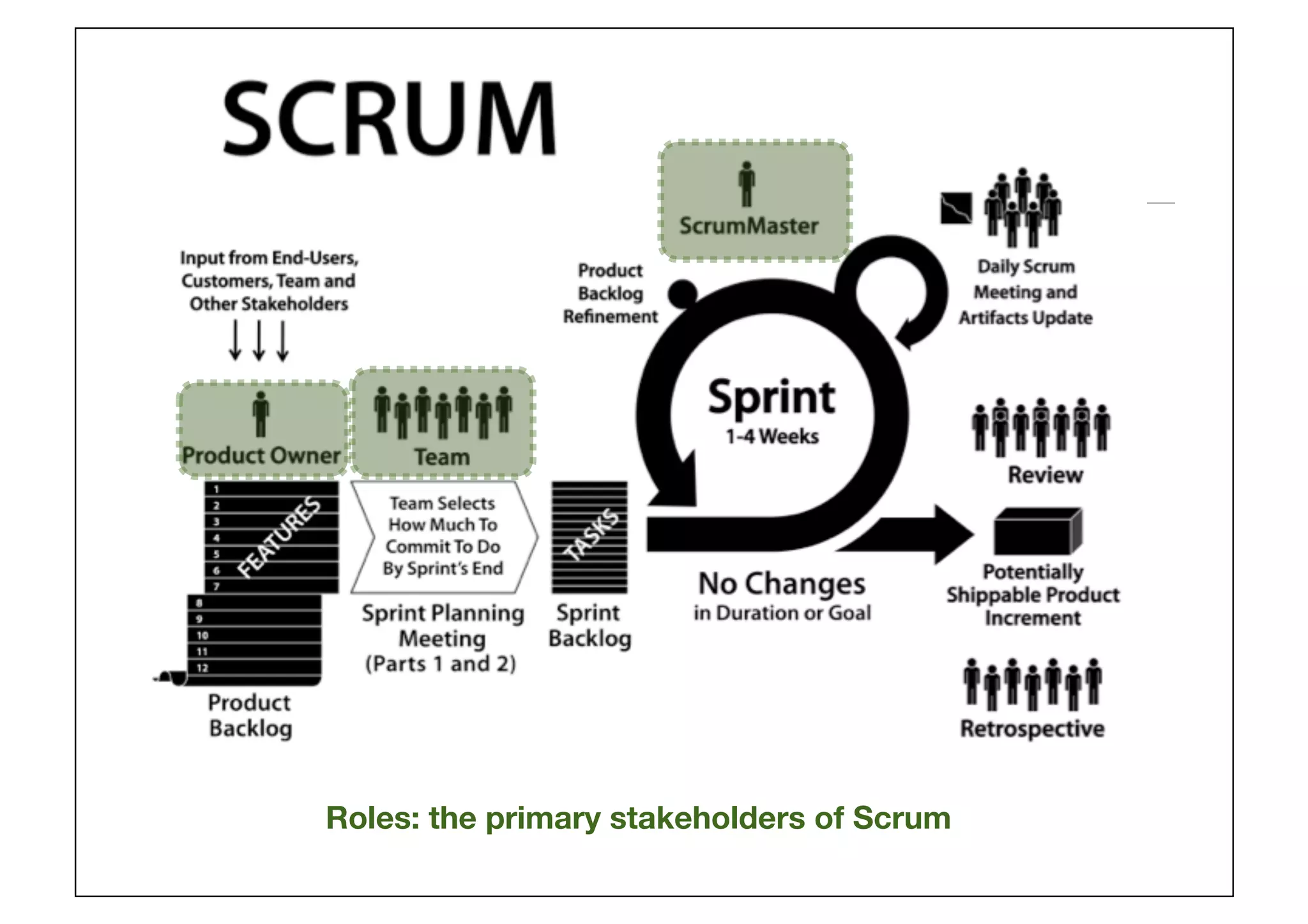 Roles: the primary stakeholders of Scrum 
 