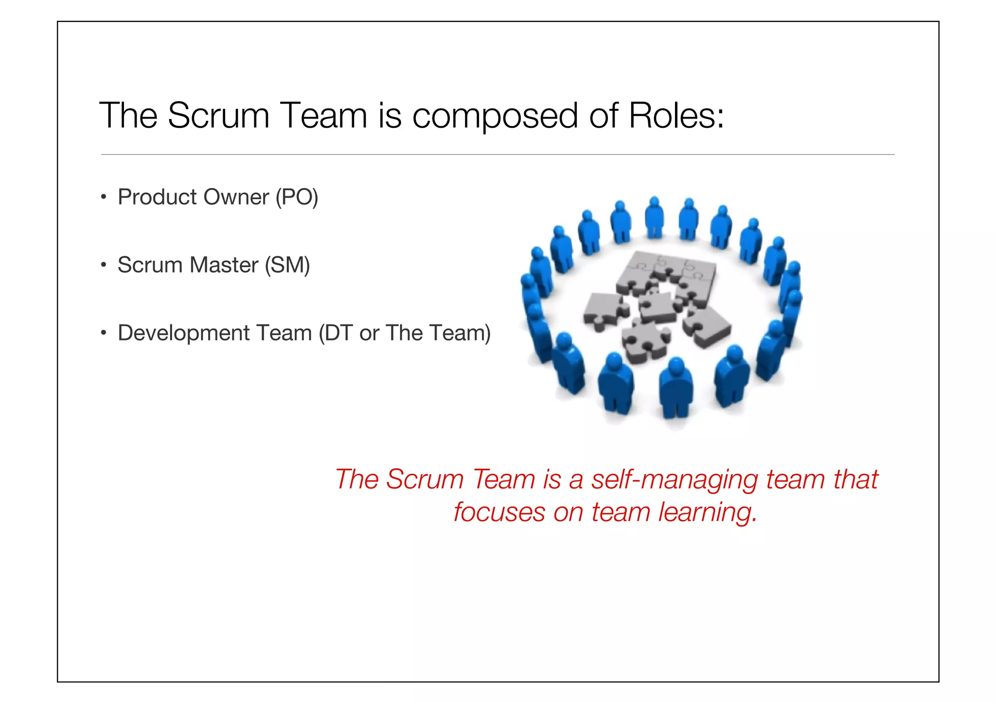 The Scrum Team is composed of Roles:
•  Product Owner (PO)
•  Scrum Master (SM)
•  Development Team (DT or The Team)
The Scrum Team is a self-managing team that
focuses on team learning. 
 