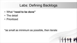 Labs: Defining Backlogs
• What “need to be done”
• The detail
• Prioritized
*as small as minimum as possible, then iterate
 
