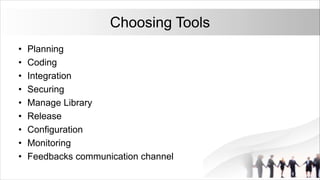 Choosing Tools
• Planning
• Coding
• Integration
• Securing
• Manage Library
• Release
• Configuration
• Monitoring
• Feedbacks communication channel
 