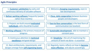 Agile Principles
1. Customer satisfaction by early and
continuous delivery of valuable software
2. Welcome changing requirements, even in
late development
5. Projects are built around motivated
individuals, who should be trusted
4. Close, daily cooperation between business
people and developers
7. Working software is the primary measure of
progress
6. Face-to-face conversation is the best form of
communication (co-location)
3. Deliver working software frequently (weeks
rather than months)
8. Sustainable development, able to maintain a
constant pace
9. Continuous attention to technical
excellence and good design
10. Simplicity—the art of maximizing the
amount of work not done—is essential
11. Best architectures, requirements, and
designs emerge from self-organizing teams
12. Regularly, teams reflects on how to become
more effective, and adjusts accordingly
 