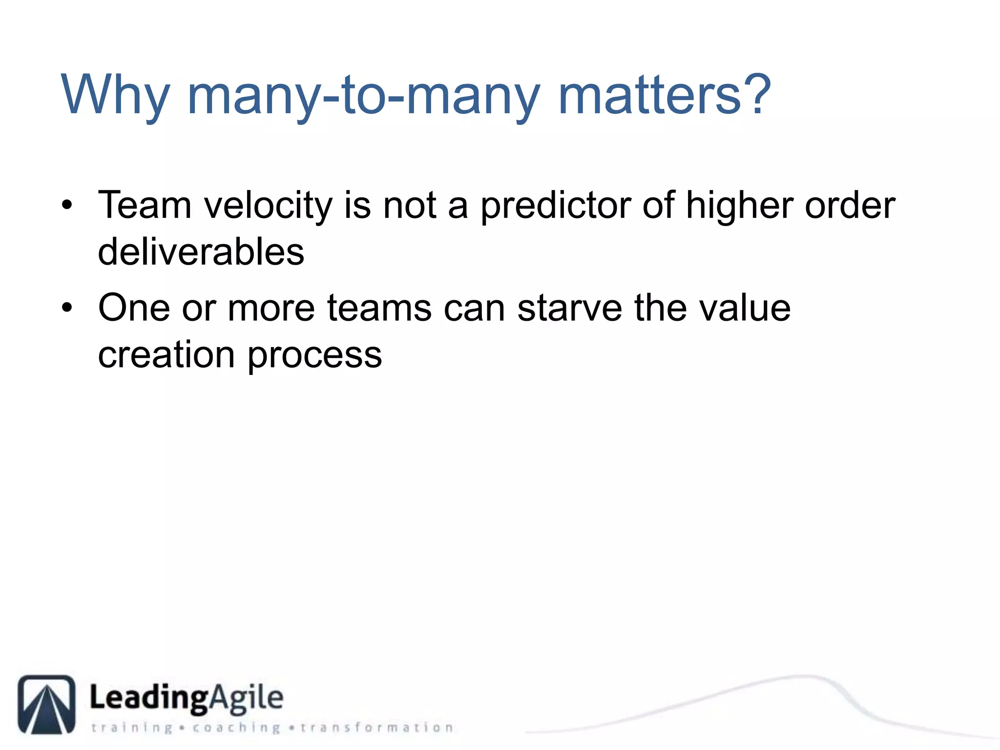 Why many-to-many matters?Team velocity is not a predictor of higher order deliverablesOne or more teams can starve the value creation process