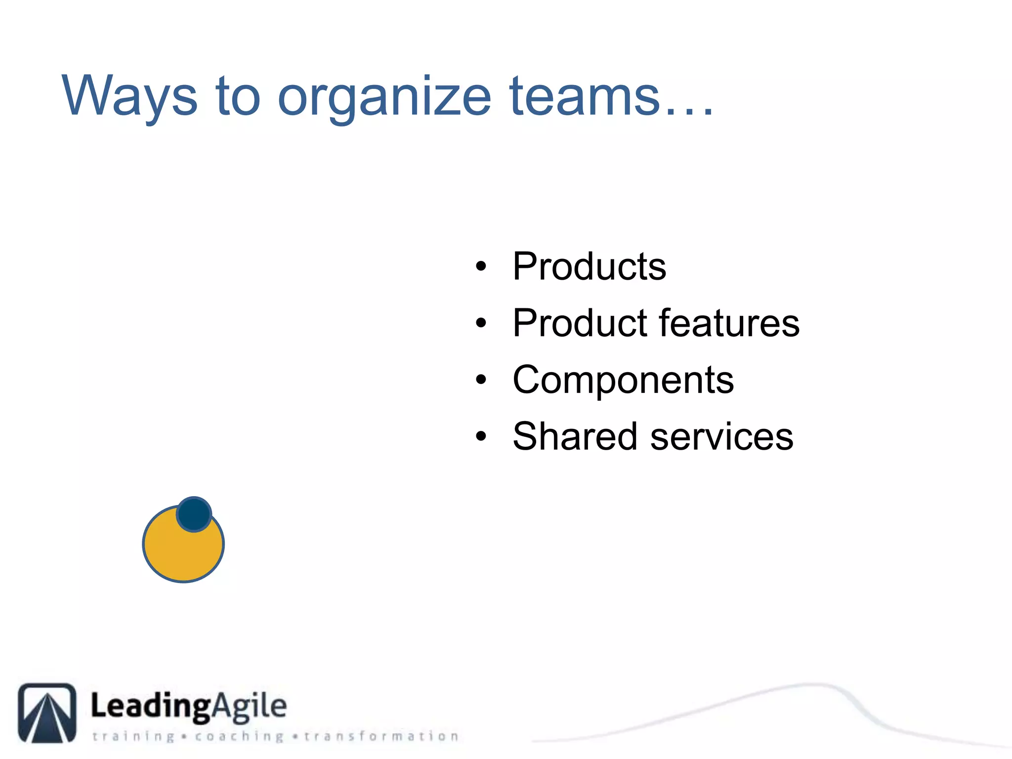 Ways to organize teams… ProductsProduct featuresComponentsShared services