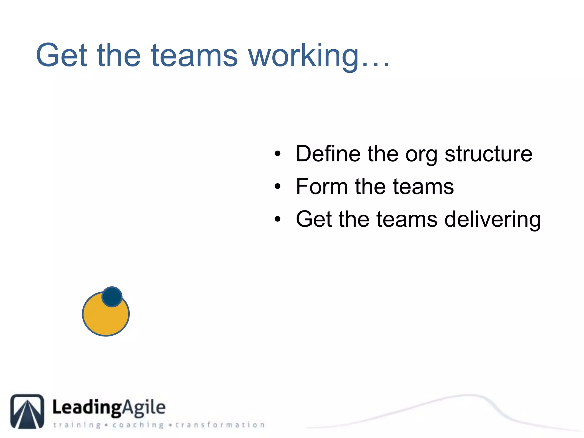 Get the teams working…Define the org structureForm the teamsGet the teams delivering