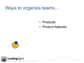 Ways to organize teams… <br />Products<br />Product features<br />