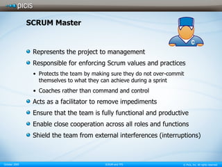 SCRUM Master Represents the project to management Responsible for enforcing Scrum values and practices Protects the team by making sure they do not over-commit themselves to what they can achieve during a sprint Coaches rather than command and control Acts as a facilitator to remove impediments  Ensure that the team is fully functional and productive Enable close cooperation across all roles and functions Shield the team from external interferences (interruptions) 