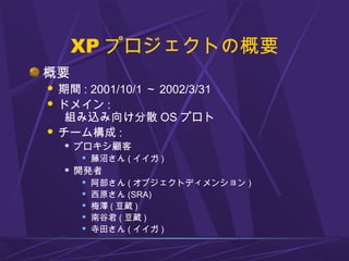XP プロジェクトの概要
概要
 期間 : 2001/10/1 ～ 2002/3/31
 ドメイン :
組み込み向け分散 OS プロト　
 チーム構成 :
 プロキシ顧客
 藤沼さん ( イイガ )
 開発者
 阿部さん ( オブジェクトディメンション )
 西原さん (SRA)
 梅澤 ( 豆蔵 )
 南谷君 ( 豆蔵 )
 寺田さん ( イイガ )
 