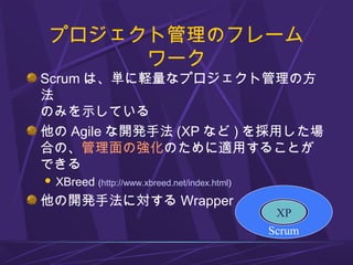 プロジェクト管理のフレーム
ワーク
Scrum は、単に軽量なプロジェクト管理の方
法
のみを示している
他の Agile な開発手法 (XP など ) を採用した場
合の、管理面の強化のために適用することが
できる
 XBreed (http://www.xbreed.net/index.html)
他の開発手法に対する Wrapper
XP
Scrum
 