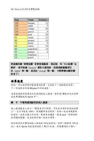 94 | SCRUM 和 XP 的實戰經驗
把這個叫做 ”時間估算” 非常容易搞混。相反地，叫 ”大小估算” 比
較好。我不知道 “banana” 要多久能完成，但是我相當確定它
比 ”apple” 長一點，並且比 “orange” 短一點。大致對會比確定錯
好多了！
估算速度
好的，所以我們對於最重要的故事，已經有了一些粗略的估算。
下一步就是估算每個Sprint平均的速度。
這意味著我們需要去決定我們的投入程度。請參見"團隊如何決定哪
些故事要被放到 Sprint 中"。
噢，不，不要再提到該死的投入程度 …
投入程度基本上表示："團隊有多少時間，可花在目前所承諾的故事
上"。它不可能是 100%，因為團隊會花時間，在做一些沒有規劃到
的項目，或是切換工作內容，幫助其他團隊，檢查 mail，修理他們
出問題的電腦，在茶水間討論一些政治等等。
假設我們決定團隊的投入程度是 50%(相當低，我們一般都是 70%左
右)。並且 Sprint 的長度假設是 3 周(15 天)長，然後團隊是 6 個人。
Imp Name Estimate
130 banana 12
120 apple 9
115 orange 20
110 guava 8
100 pear 20
95 raisin 12
80 peanut 10
70 donut 8
60 onion 10
40 grapefruit 14
35 papaya 4
10 blueberry
10 peach
 
