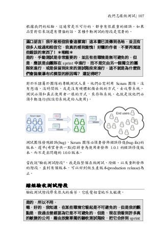 我們怎樣做測試 | 107
根據我們的經驗，這通常是不可行的，都會有很嚴重的錯誤。如果
品質對你來說還有價值的話，某種手動測試的階段是需要的。
滿口胡言！我不敢相信我會這樣寫！這本書已流傳到各地，並且有
很多人唸過和相信它，我真的感到羞愧！好爛的作者，不要再寫這
些錯誤的東西了！＊啪啪＊
是的，手動測試是非常重要的，並且有些環境是無可避免的。但
是，應該是由團隊在 sprint 中進行，而不是交由另一個獨立的團
隊來進行，或是保留到未來的測試階段來進行。這不就是為什麼我
們會拋棄瀑布式模型的原因嗎？ 還記得吧？
對於不隸屬於團隊的專職測試人員，他們必需利用 Scrum 團隊，沒
有想過、沒時間做、或是沒有硬體配備去做的方式，去攻擊系統。
測試必須和真正使用者一樣的方式，來存取系統。也就是說他們必
須手動進行(假設你系統是給人使用)。
測試團隊發現錯誤(bug)，Scrum 團隊必須要發佈錯誤修復(bug-fix)的
版本，遲早(希望會快一點)你將會為使用者發佈 1.0.1 的錯誤修復版
本，而不是出問題的 1.0.0 版本。
當我說"驗收測試階段"，我是指整個在做測試、除錯、以及重新發佈
的階段。直到有個版本，可以好到做生產版本(production release)為
止。
縮短驗收測試階段
驗收測試階段帶來很大的痛苦，它感覺相當地不太敏捷。
是的，所以不用。
嗯，好的，我知道。在某些環境它看起是不可避免的。但是我的觀
點是，我過去曾經認為它是不可避免的。但是，現在我看到許多真
的敏捷的公司，藉由放棄單獨的驗收測試階段，把它合併到 sprint
 