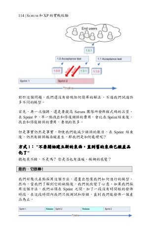 114 | SCRUM 和 XP 的實戰經驗
對於這個問題，我們還沒有發現任何簡單的解法。不過我們試過許
多不同的模型。
首先，再一次強調，還是要提高 Scrum 團隊所發佈程式碼的品質。
在 Sprint 中，早一點找出和修復錯誤的費用，會比在 Sprint 結束後，
找出和修復錯誤的費用，要低的很多。
但是事實仍然是事實，即使我們能減少錯誤的數目，在 Sprint 結束
後，仍然有錯誤報告被產生，那我們是如何處理呢？
方式 1： "不要開始建立新的東西，直到舊的東西已經產品
化了"
聽起來不錯，不是嗎？ 你是否也有溫暖、模糊的感覺？
是的，它很棒！
我們好幾次差點採用這個方法，還畫出想像我們如何進行的模型。
然而，當我們了解到它的缺點後，我們就改變了心意。如果我們採
用這個方法，我們必須在 Sprint 之間，加了一段沒有時間框的發佈
時段，在這段時間內我們只做測試和除錯，直到我們能發佈一個產
品為止。
 