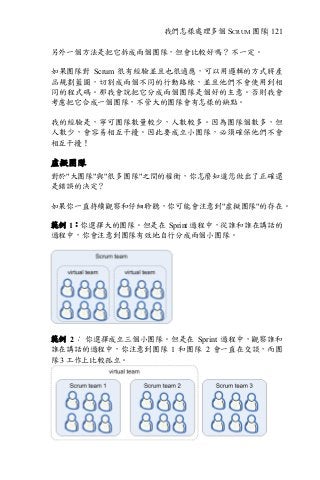 我們怎樣處理多個 SCRUM 團隊| 121
另外一個方法是把它拆成兩個團隊，但會比較好嗎？ 不一定。
如果團隊對 Scrum 很有經驗並且也很適應，可以用邏輯的方式將產
品規劃藍圖，切割成兩個不同的行動路線，並且他們不會使用到相
同的程式碼。那我會說把它分成兩個團隊是個好的主意。否則我會
考慮把它合成一個團隊，不管大的團隊會有怎樣的缺點。
我的經驗是，寧可團隊數量較少，人數較多。因為團隊個數多，但
人數少，會容易相互干擾。因此要成立小團隊，必須確保他們不會
相互干擾！
虛擬團隊
對於"大團隊"與"很多團隊"之間的權衡，你怎麼知道您做出了正確還
是錯誤的決定？
如果你一直持續觀察和仔細聆聽，你可能會注意到"虛擬團隊"的存在。
範例 1：你選擇大的團隊。但是在 Sprint 過程中，從誰和誰在講話的
過程中，你會注意到團隊有效地自行分成兩個小團隊。
範例 2： 你選擇成立三個小團隊。但是在 Sprint 過程中，觀察誰和
誰在講話的過程中，你注意到團隊 1 和團隊 2 會一直在交談，而團
隊 3 工作上比較孤立。
 