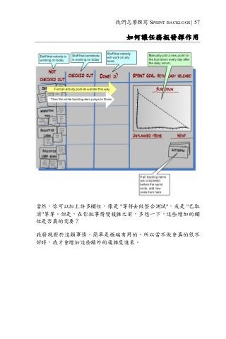 我們怎麼撰寫 SPRINT BACKLOGS | 57
如何讓任務板發揮作用
當然，你可以加上許多欄位，像是 "等待去做整合測試"，或是 "已取
消"等等。但是，在你把事情變複雜之前，多想一下，這些增加的欄
位是否真的需要？
我發現對於這類事情，簡單是極端有用的。所以當不做會真的很不
好時，我才會增加這些額外的複雜度進來。
 