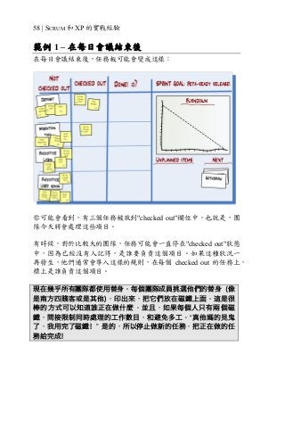 58 | SCRUM 和 XP 的實戰經驗
範例 1 – 在每日會議結束後
在每日會議結束後，任務板可能會變成這樣：
你可能會看到，有三個任務被放到"checked out"欄位中，也就是，團
隊今天將會處理這些項目。
有時候，對於比較大的團隊，任務可能會一直停在"checked out"狀態
中，因為已經沒有人記得，是誰要負責這個項目。如果這種狀況一
再發生，他們通常會導入這樣的規則，在每個 checked out 的任務上，
標上是誰負責這個項目。
現在幾乎所有團隊都使用替身。每個團隊成員挑選他們的替身 (像
是南方四賤客或是其他)，印出來，把它們放在磁鐵上面。這是很
棒的方式可以知道誰正在做什麼。並且，如果每個人只有兩個磁
鐵，間接限制同時處理的工作數目，和避免多工。“真他媽的見鬼
了，我用完了磁鐵！” 是的，所以停止做新的任務，把正在做的任
務給完成！
 
