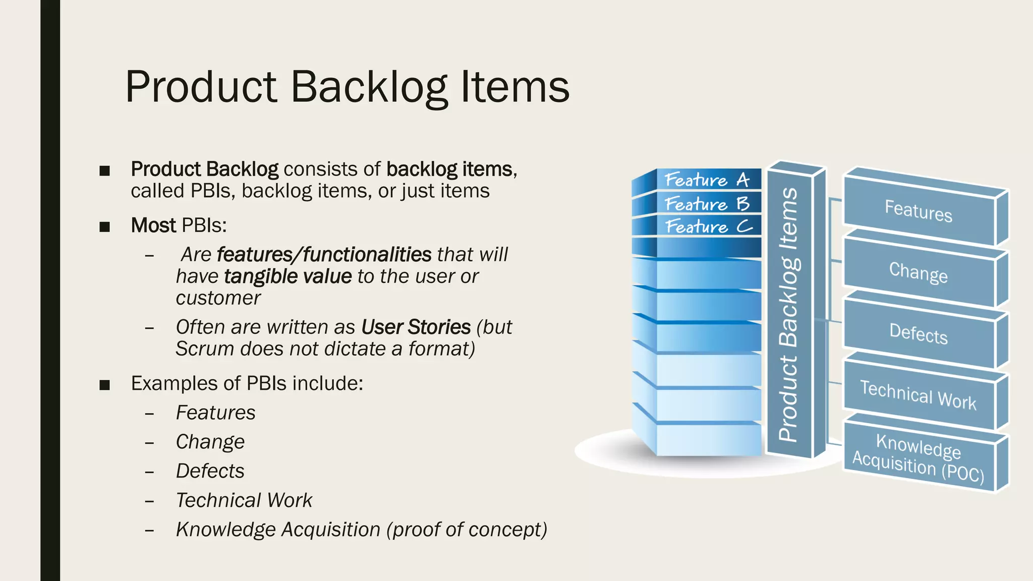 Product Backlog Items
■ Product Backlog consists of backlog items,
called PBIs, backlog items, or just items
■ Most PBIs:
– Are features/functionalities that will
have tangible value to the user or
customer
– Often are written as User Stories (but
Scrum does not dictate a format)
■ Examples of PBIs include:
– Features
– Change
– Defects
– Technical Work
– Knowledge Acquisition (proof of concept)
 