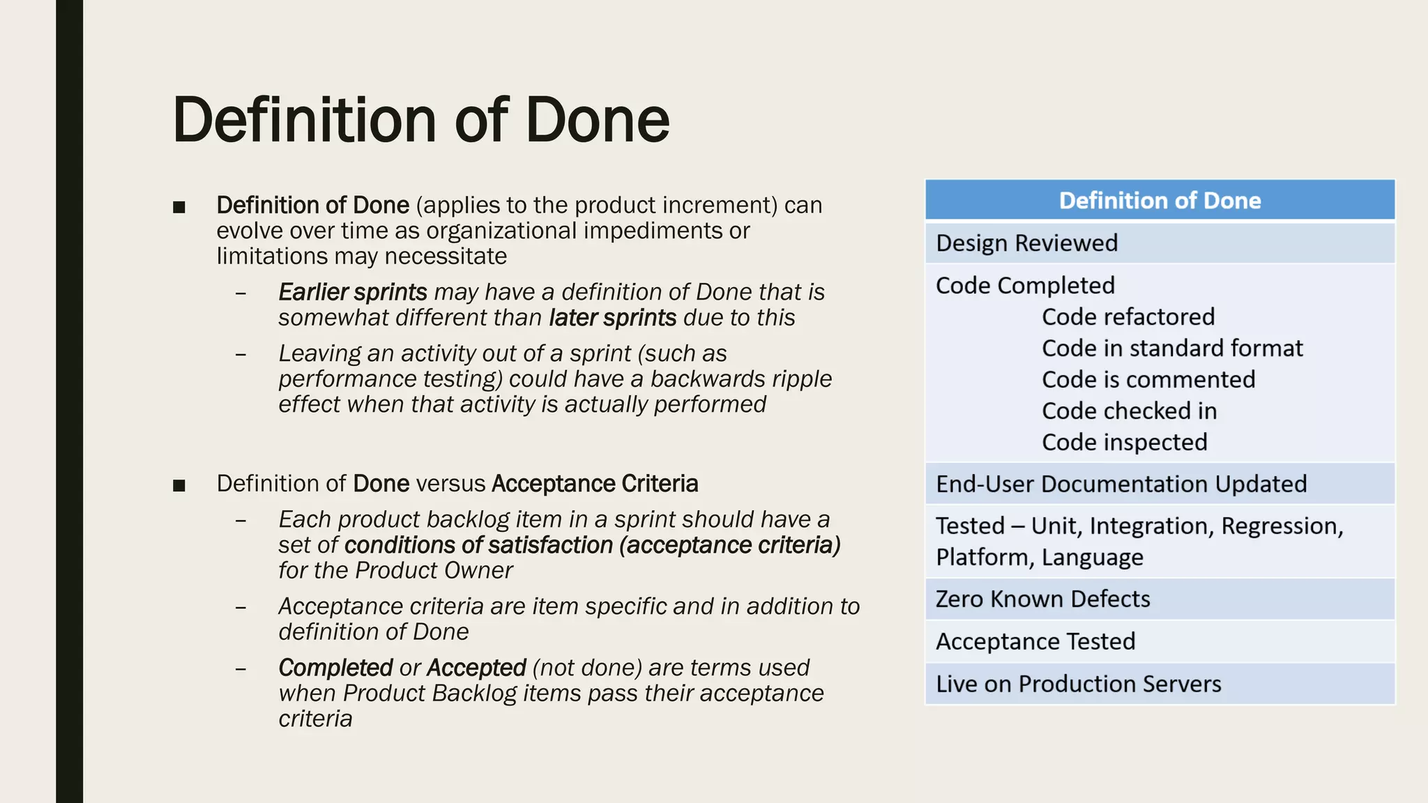 Definition of Done
■ Definition of Done (applies to the product increment) can
evolve over time as organizational impediments or
limitations may necessitate
– Earlier sprints may have a definition of Done that is
somewhat different than later sprints due to this
– Leaving an activity out of a sprint (such as
performance testing) could have a backwards ripple
effect when that activity is actually performed
■ Definition of Done versus Acceptance Criteria
– Each product backlog item in a sprint should have a
set of conditions of satisfaction (acceptance criteria)
for the Product Owner
– Acceptance criteria are item specific and in addition to
definition of Done
– Completed or Accepted (not done) are terms used
when Product Backlog items pass their acceptance
criteria
 