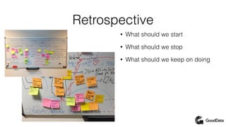 Retrospective
• What should we start
• What should we stop
• What should we keep on doing
 