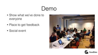Demo
• Show what we’ve done to
everyone
• Place to get feedback
• Social event
 