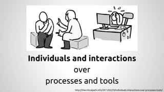Individuals and interactions
over
processes and tools
http://thecriticalpath.info/2011/03/29/individuals-interactions-over...