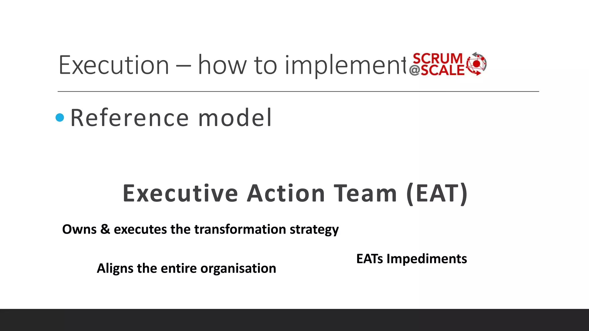 Execution – how to implement
•Reference model
Executive Action Team (EAT)
Owns & executes the transformation strategy
EATs Impediments
Aligns the entire organisation
 
