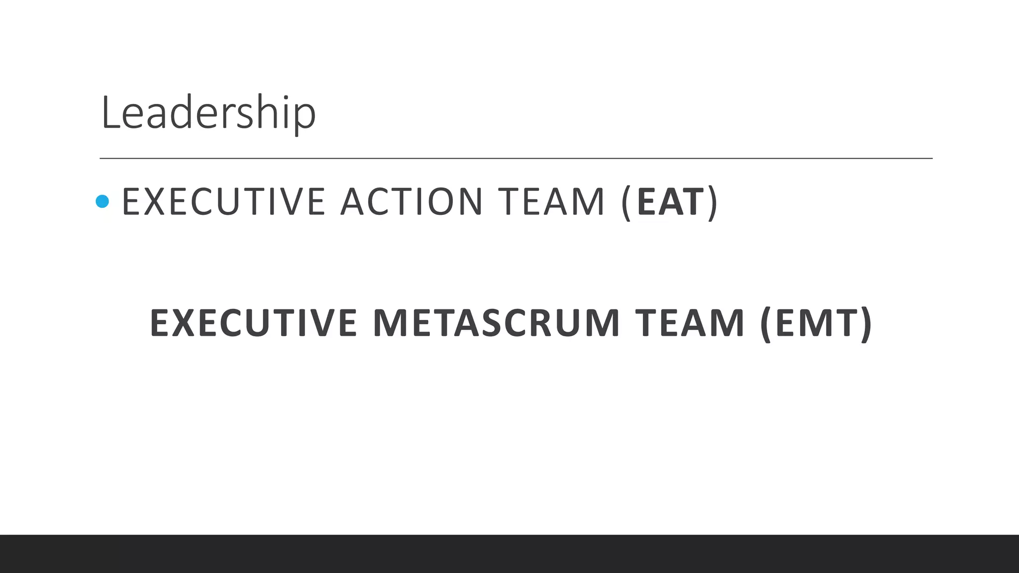 Leadership
• EXECUTIVE ACTION TEAM (EAT)
EXECUTIVE METASCRUM TEAM (EMT)
 