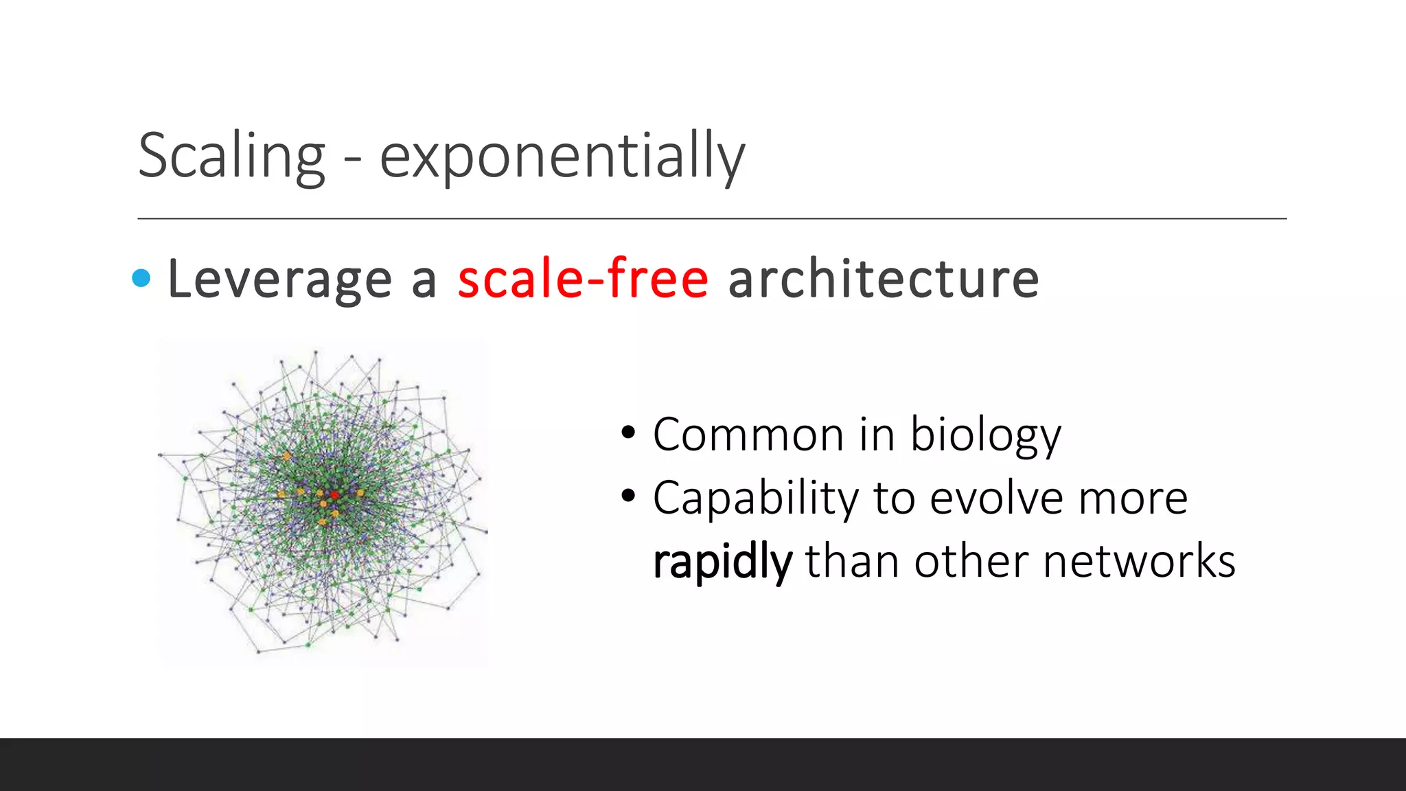 Scaling - exponentially
• Leverage a scale-free architecture
• Common in biology
• Capability to evolve more
rapidly than other networks
 
