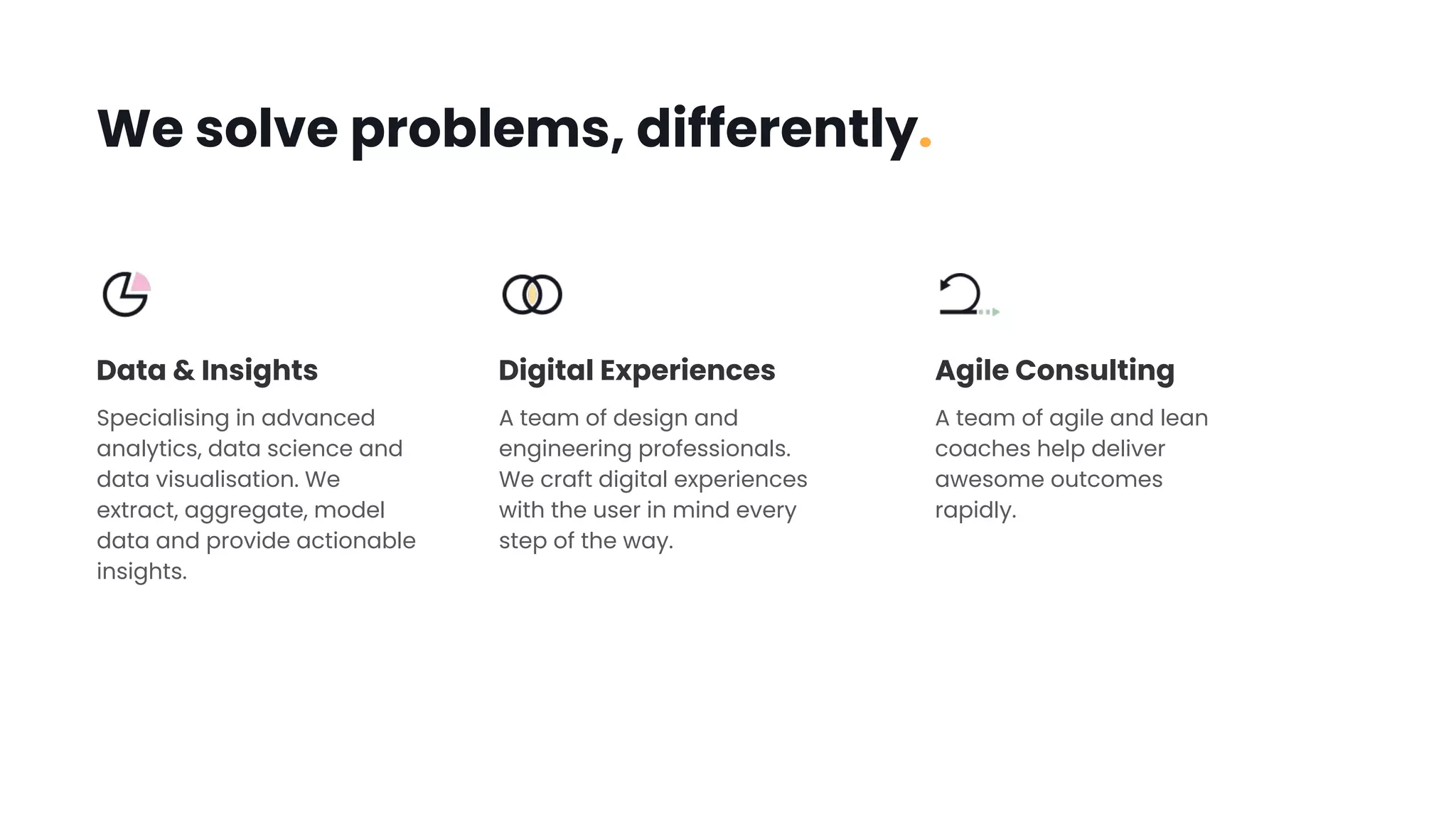 We solve problems, differently.
Specialising in advanced
analytics, data science and
data visualisation. We
extract, aggregate, model
data and provide actionable
insights.
Data & Insights
A team of design and
engineering professionals.
We craft digital experiences
with the user in mind every
step of the way.
Digital Experiences
A team of agile and lean
coaches help deliver
awesome outcomes
rapidly.
Agile Consulting
 