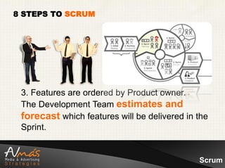 8 STEPS TO SCRUM




 3. Features are ordered by Product owner.
 The Development Team estimates and
 forecast which features will be delivered in the
 Sprint.


                                              Scrum
 
