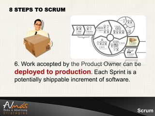 8 STEPS TO SCRUM




 6. Work accepted by the Product Owner can be
 deployed to production. Each Sprint is a
 potentially shippable increment of software.




                                           Scrum
 