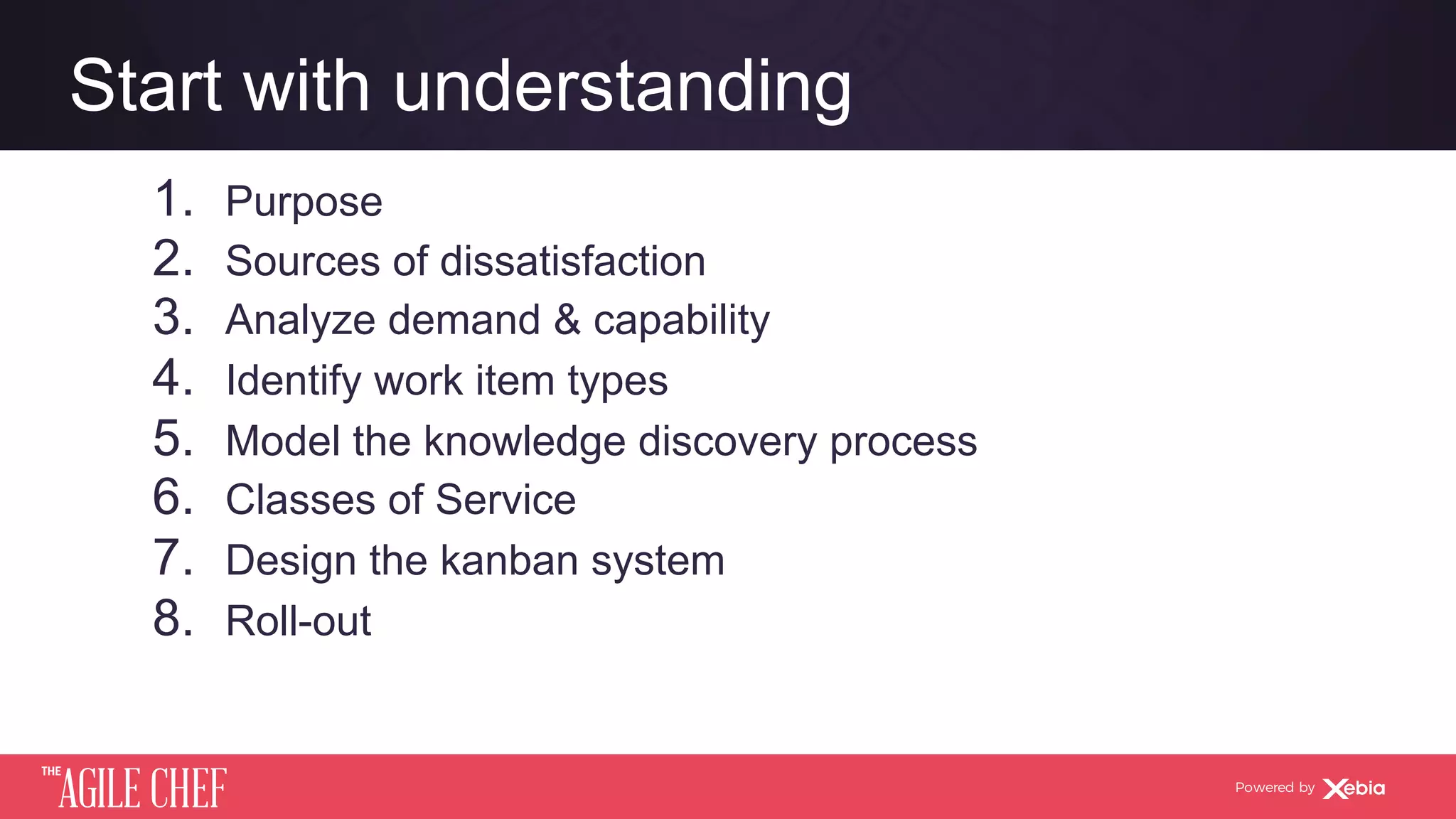 AGILE CHEF
THE
Powered by
Start with understanding
1.  Purpose
2.  Sources of dissatisfaction
3.  Analyze demand & capability
4.  Identify work item types
5.  Model the knowledge discovery process
6.  Classes of Service
7.  Design the kanban system
8.  Roll-out
 