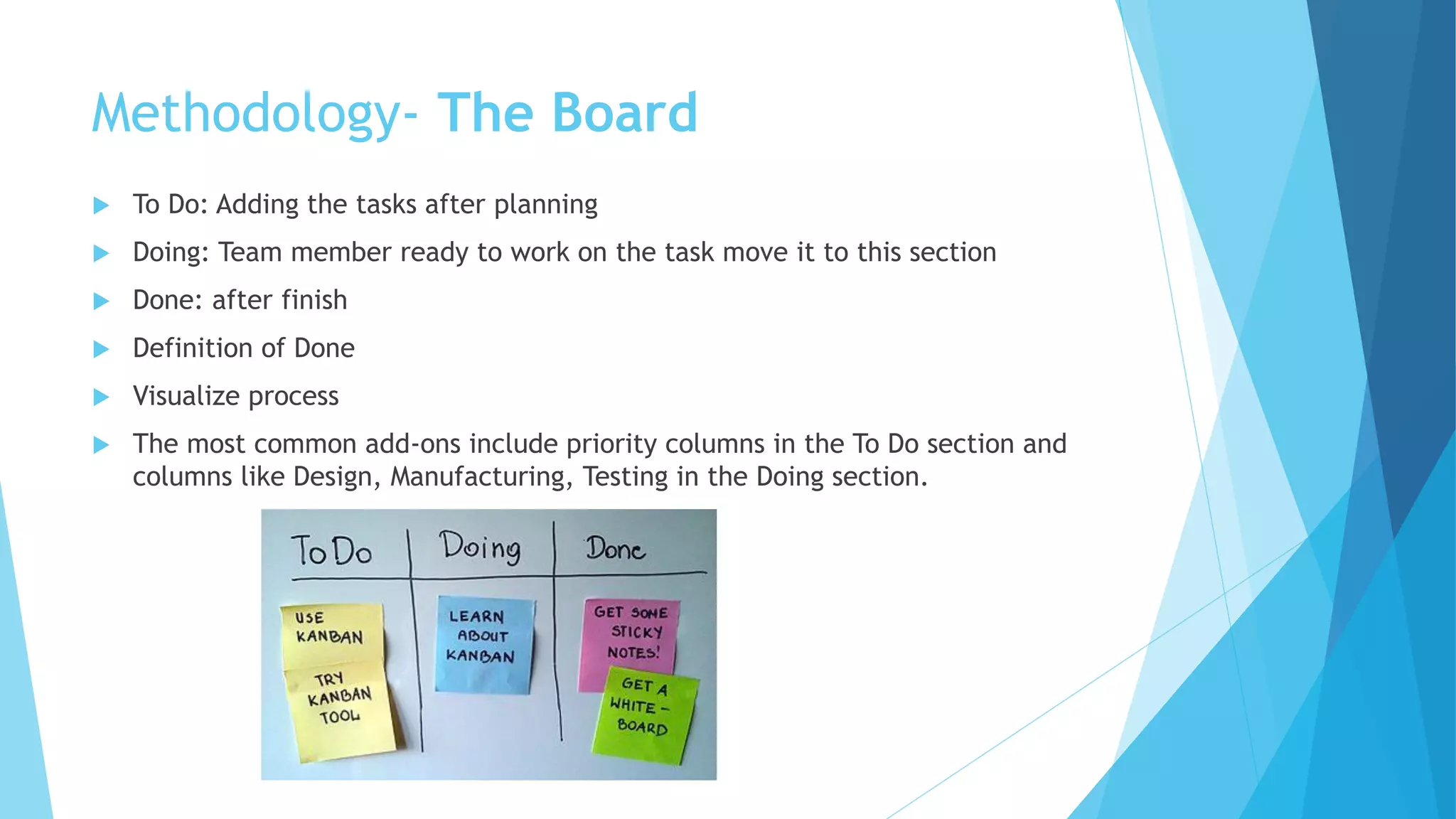  To Do: Adding the tasks after planning
 Doing: Team member ready to work on the task move it to this section
 Done: after finish
 Definition of Done
 Visualize process
 The most common add-ons include priority columns in the To Do section and
columns like Design, Manufacturing, Testing in the Doing section.
Methodology- The Board
 