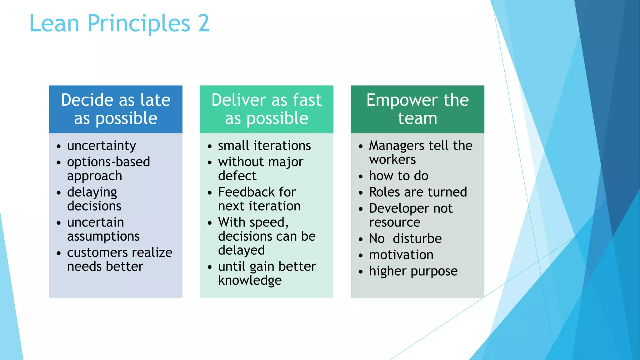 Lean Principles 2
Decide as late
as possible
• uncertainty
• options-based
approach
• delaying
decisions
• uncertain
assumptions
• customers realize
needs better
Deliver as fast
as possible
• small iterations
• without major
defect
• Feedback for
next iteration
• With speed,
decisions can be
delayed
• until gain better
knowledge
Empower the
team
• Managers tell the
workers
• how to do
• Roles are turned
• Developer not
resource
• No disturbe
• motivation
• higher purpose
 