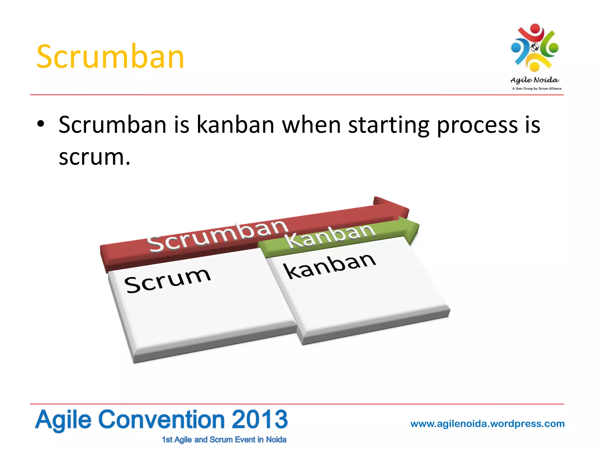 Scrumban
• Scrumban is kanban when starting process is
scrum.

www.agilenoida.wordpress.com

 