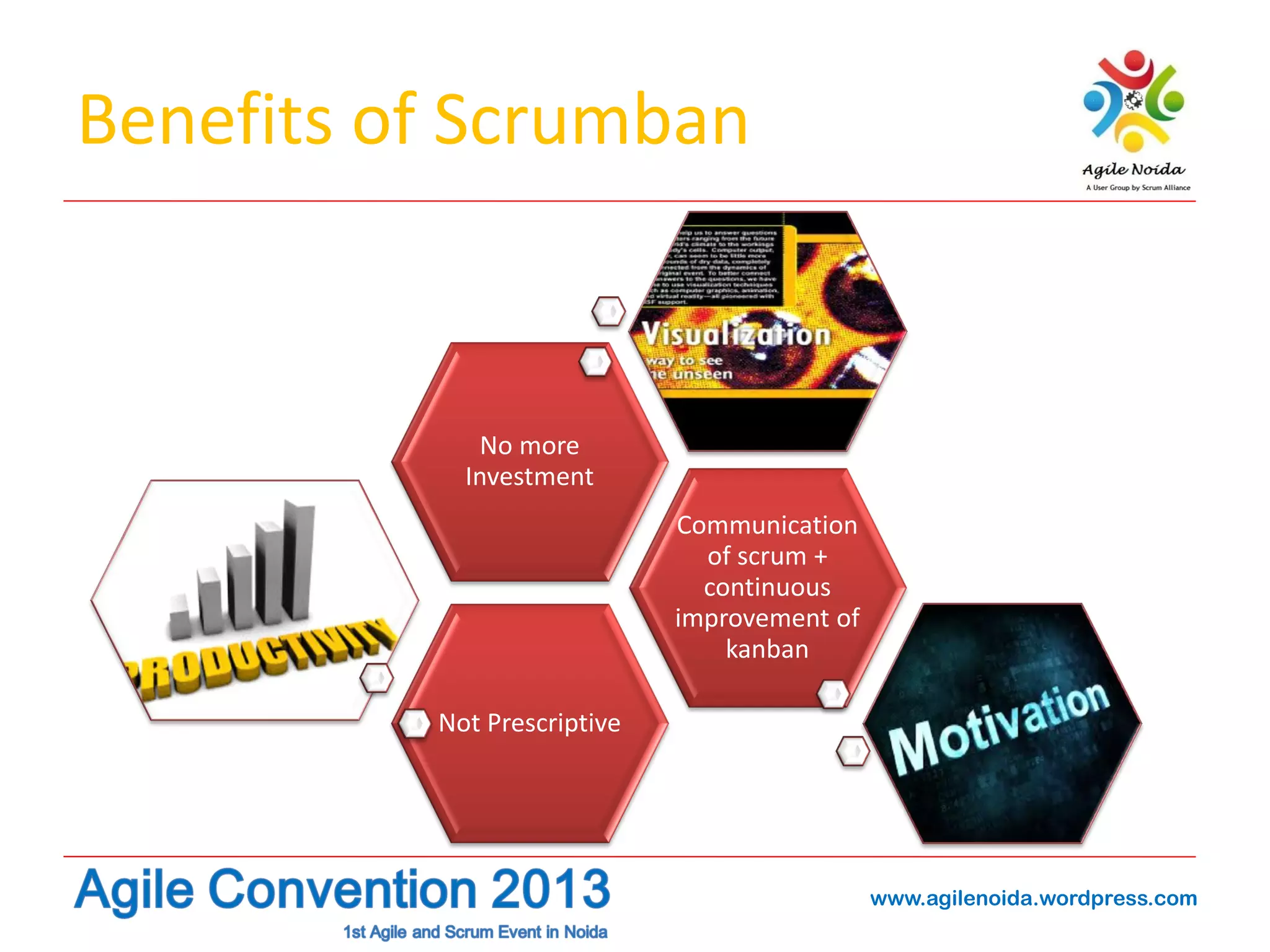 Benefits of Scrumban

No more
Investment
Communication
of scrum +
continuous
improvement of
kanban
Not Prescriptive

www.agilenoida.wordpress.com

 