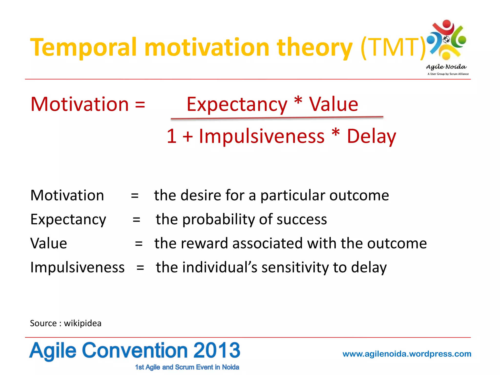 Temporal motivation theory (TMT)
Motivation =

Motivation
Expectancy
Value
Impulsiveness

=
=
=
=

Expectancy * Value
1 + Impulsiveness * Delay
the desire for a particular outcome
the probability of success
the reward associated with the outcome
the individual’s sensitivity to delay

Source : wikipidea
www.agilenoida.wordpress.com

 