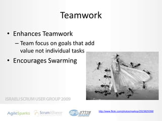 Teamwork<br />Enhances Teamwork<br />Team focus on goals that add value not individual tasks<br />Encourages Swarming<br /...